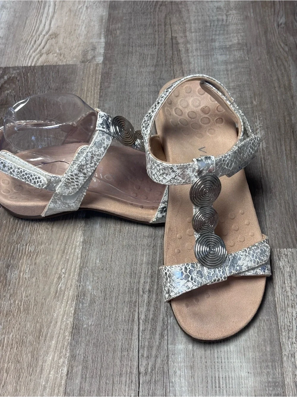 Vionic Farrah Metallic Snake Print T-Strap Sandals with Silver Spiral Accents